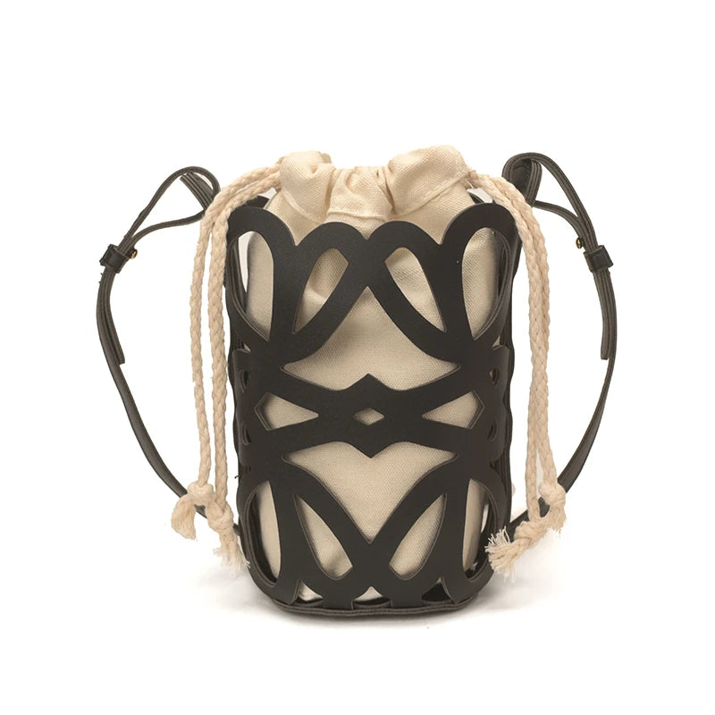 Solid Color PU Versatile Hollow Out Mini Bucket Bag Casual Drawstring Crossbody Bags Hot Sale Adjustable Strap Shoulder Bags