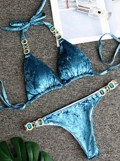 Halter Crystal Rhinestone Diamond Bikini 2025 Female Swimsuit Women Swimwear Two Pieces Bikini set Brazilian Bathing Suit Swim