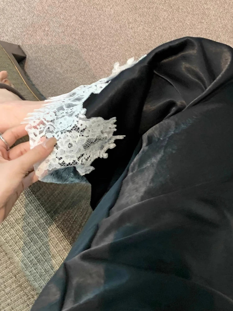 Elegant Long Skirts for Women Summer High Waist Lace Satin Skirt Women's A-line Korean Fashion Solid Color Loose Women's Skirt