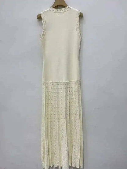 Pearls Decorated Women Round Neck Sleeveless Splicing Knitted Sweater Dress Elegant Or Short Knitted 2025 Spring New Women P8QA