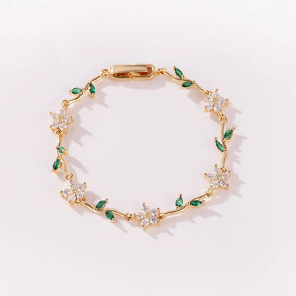 Elegant Multiple Color Flower Charm Zircon Branch Leaf Bracelet Dopamine Niche Sense 18K Gold Plated Women's Bangle Gifts