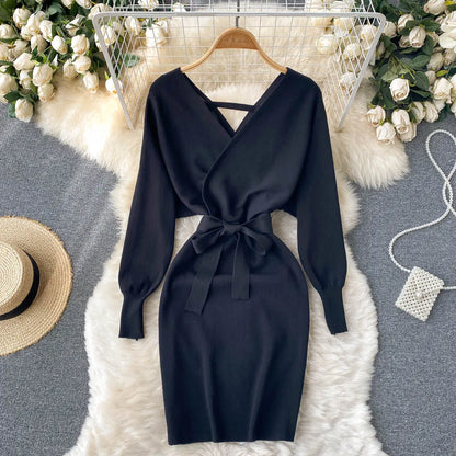 YuooMuoo Women Dress 2025 Autumn Winter Elegant Sash Bandage Bodycon Mini Dress Chic Fashion Y2K Knitted Ladies Dresses Party