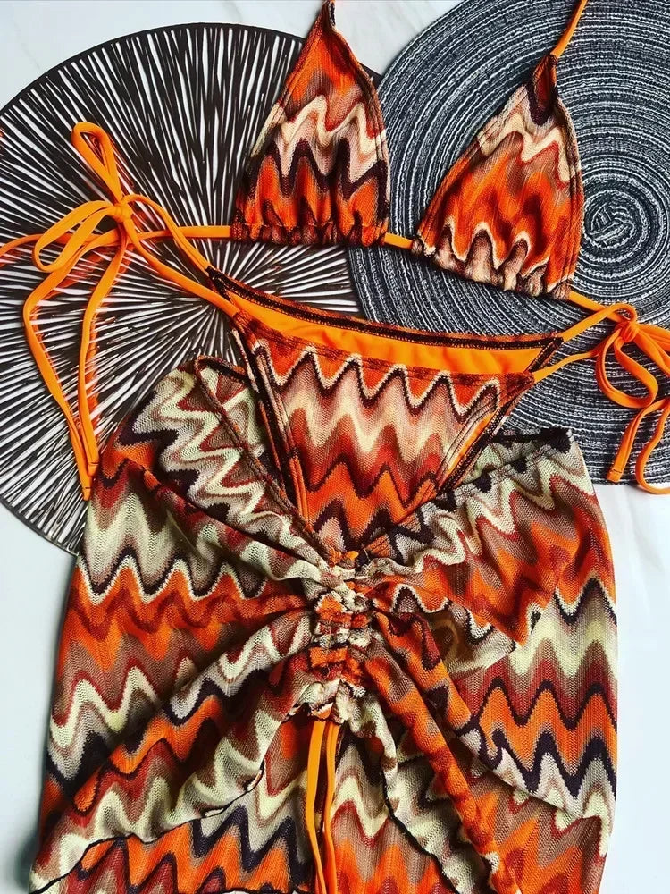 2025 Women Swimsuit Colored Maple Leaves Knitted Bikini Skirt Three-Piece Set Split Swimsuit Bikini
