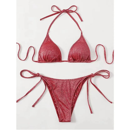 2025Sexy Bikini Set Shiny Triangle Bikinis Bandage Swimsuit Women Two Piece Swimwear Summer Biquini New Beachwear Push Up Bikini