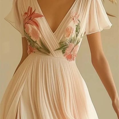 Women's Clothing Trend 2025 Summer Short Sleeve High Waist Dresses Sexy V Neck Floral Printed Boho Holiday Dress Vestidos