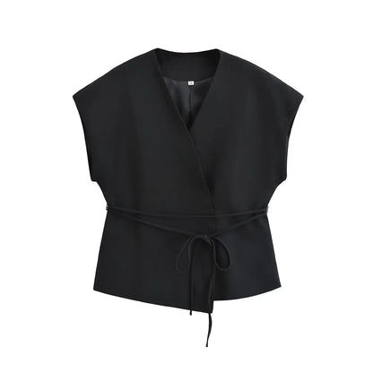 HH Women Elegant Solid Vests V Neck Sleeveless Lace Up Shirt Coat Casual Summer Female Fashion Y2k Top Vests
