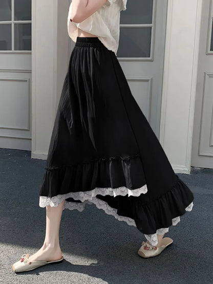 Zoki Korean Pink Long Skirt Women Sweet Vintage High Waist Preppy Style Skirt Casual Loose Lace Patchwork Irregular Long Skirts