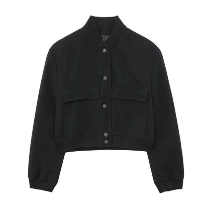HH Women Casual Solid Bomber Jackets Fashion Long Sleeve Buttons Crop Coats Pockets Female 2025 Autumn Elegant Outerwear