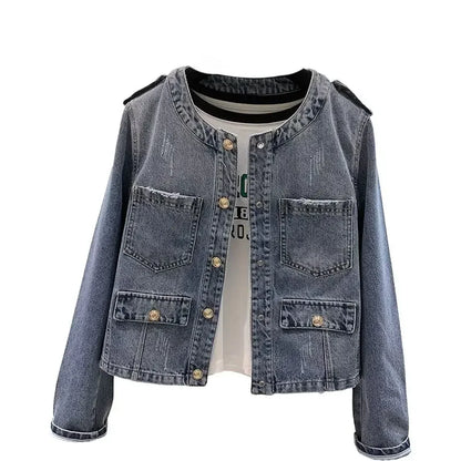 Crew Neck Denim Jacket Long Sleeve Women Single-breasted Retro Korean Fashion Coat Autumn Short Tops Casual Chic Cardigan