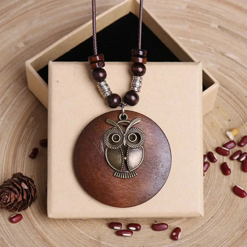 Retro Ethnic Round Wooden Leaf Owl Long Sweater Chain Necklace Women Vintage Clock Pendant Female Jewelry Neck Accessories Gifts