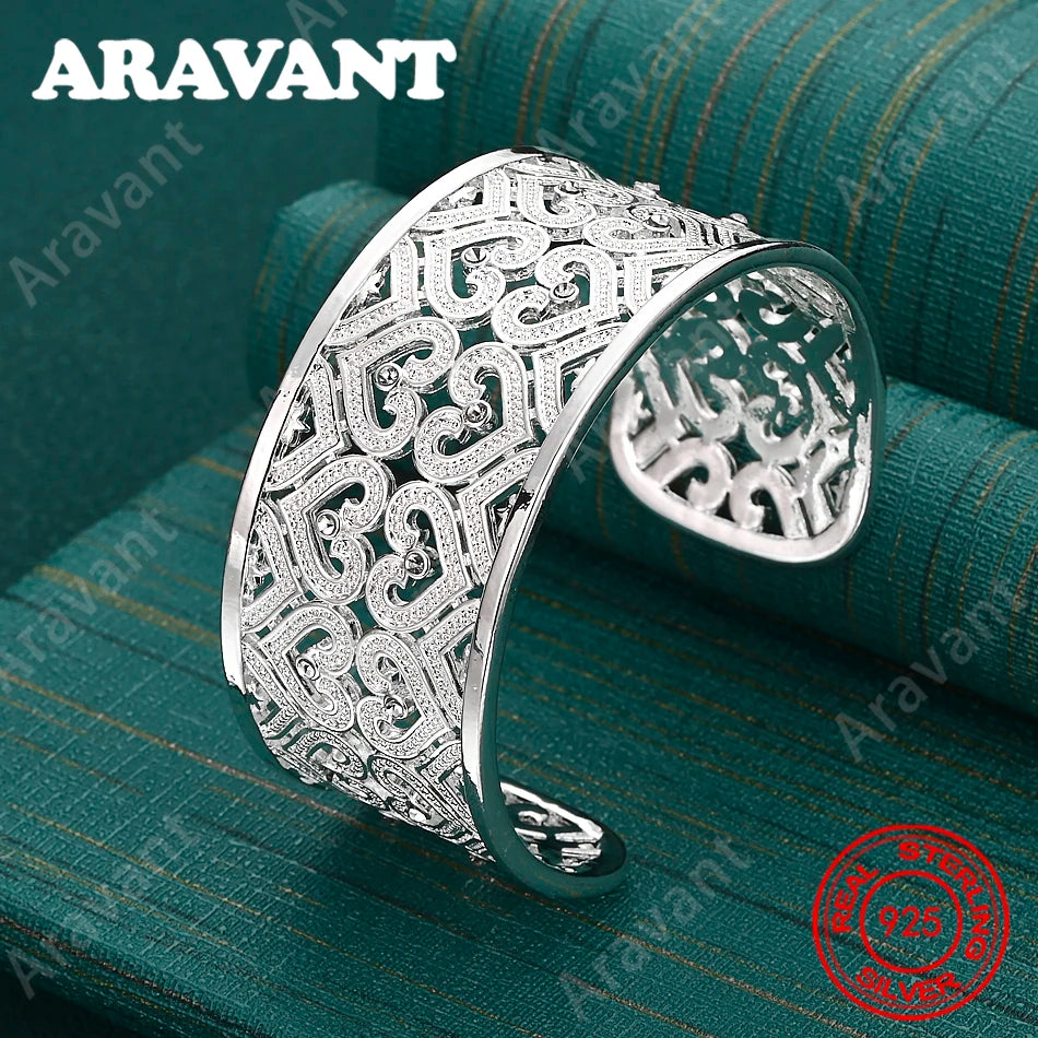 925 Sterling Silver Openwork Heart-Shaped Bangle For Women - Vintage Elegance And Noble Party Jewelry