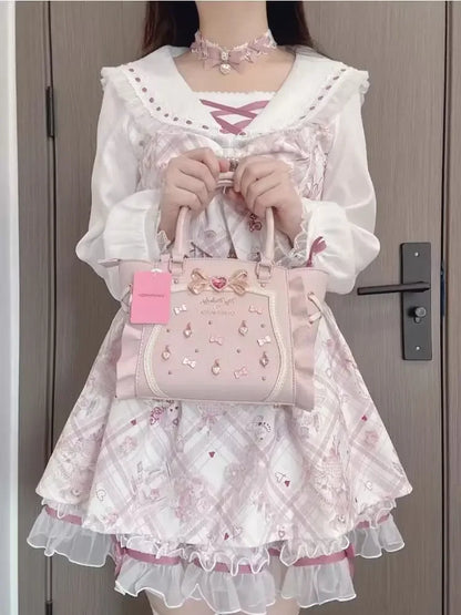 2024 Japanese Style Lolita Princess Dress Women Party Y2k Bandage Blue Cosplay Costumes Puff Sleeve Ribbon Bowknot Mini Dress