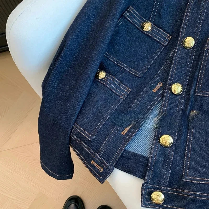 Women's Vintage Denim Jacket Spring Button-Up Korean Fashion Blue Chic Bomber Outwear Top 2025 Style Casual Ropa De Mujer