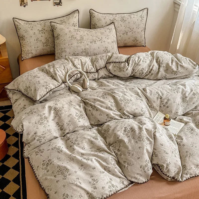 Skin-Friendly Double-Layer Yarn Bedding Set New Country Floral Soft Comforter Sets 100% Cotton Fitted Sheet Kit with Quilt Cover