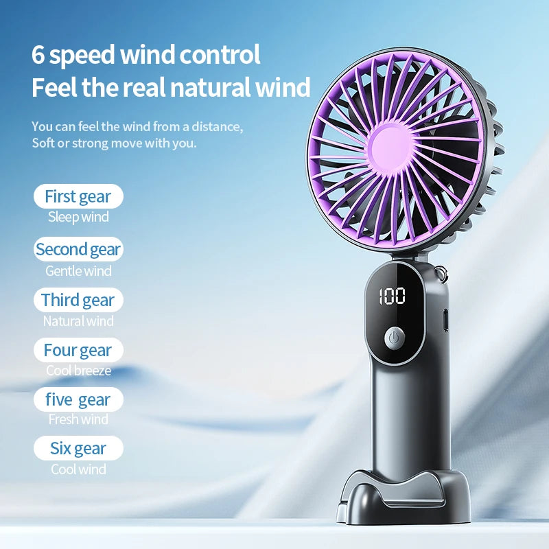Portable Handheld Fan Mini USB Fan With 6 Speeds and Digital Display Foldable 3-in-1 Handheld Neck and Desktop Fan For Outdoor