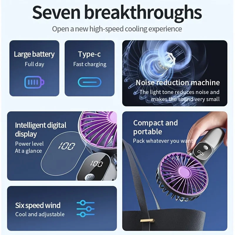 Portable USB Fan 6 Speed Digital Display Foldable 3-in-1 Handheld Neck Desk Fan for Outdoor Travel Home Office Cooling