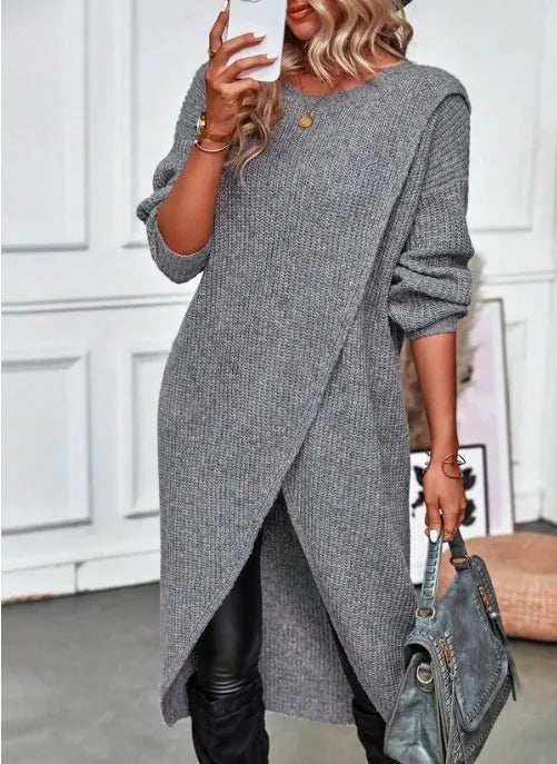 Women's Autumn Knitted Long Dress Solid Color Round Neck Pullover Long Sleeve Slim Temperament Commuting Irregular Dress Jacket