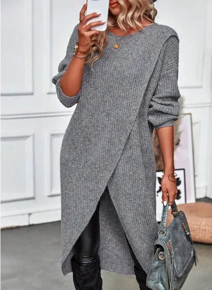Women's Autumn Knitted Long Dress Solid Color Round Neck Pullover Long Sleeve Slim Temperament Commuting Irregular Dress Jacket