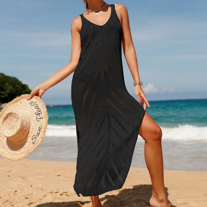 Sexy Women Knitting Beachwear Sunscreen Smock V Neck Breathable Hollow  Beach Cover-Ups Women's Elegant Split Long Dress