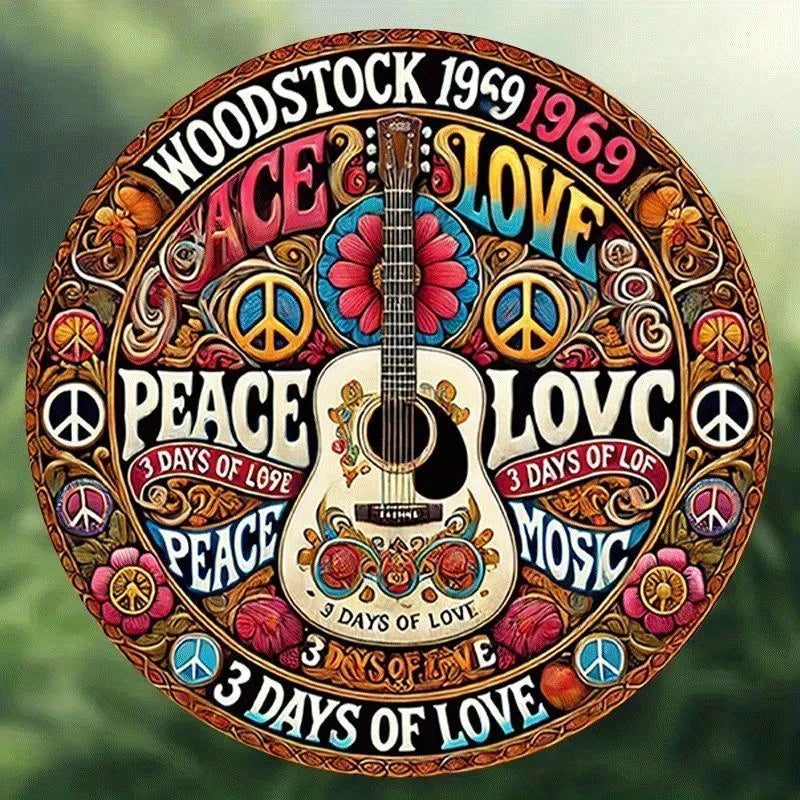 Home Decor，Retro Peace and Love Design with Guitar and Flowers,  Home Decor -  New Year's, Valentine'S Day, Music Decor