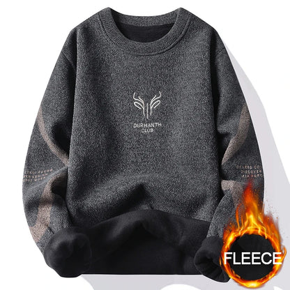 Men's Thick Fleece Sweater Embroidery Velvet Jumpers Fashion Elegant Luxury Brand Brown Knitted Sweater
