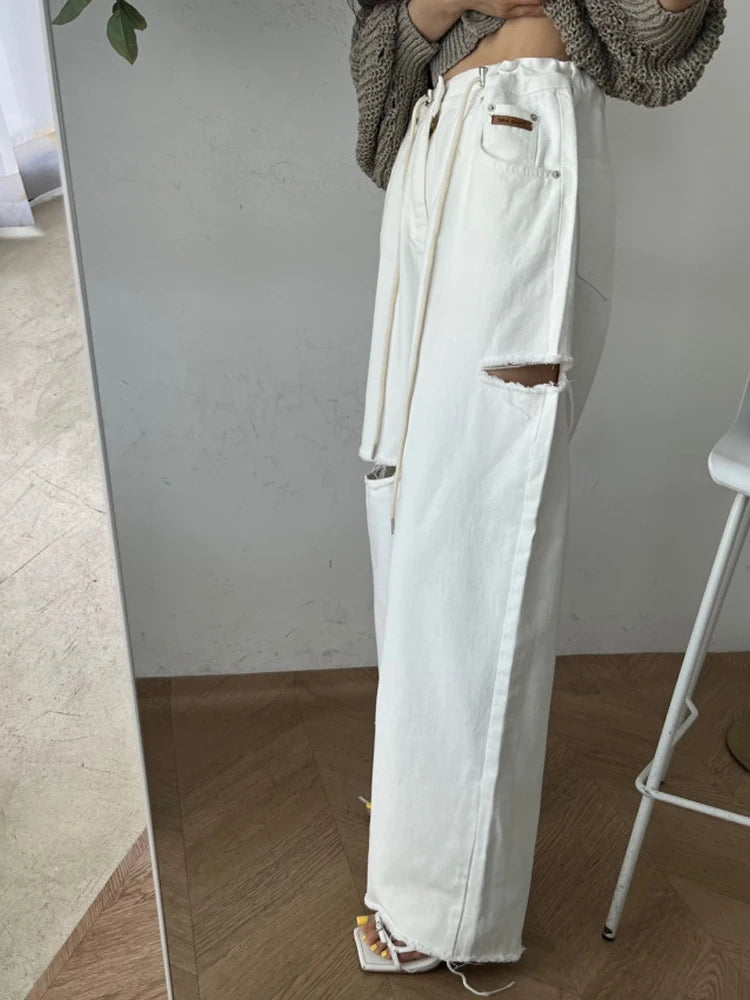 Loose Wide Leg Jeans Women's High Waist Straight Leg Long Pants Torn Design Versatile Casual Spring Faion Blue Denim