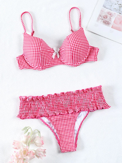 Miyouj 2025 Biquin Bow Bikinis Pleated Swimsuit Women Plaid Print Bikini Set Sexy Swimwear Push Up Beachwear Low Waist Bath Suit