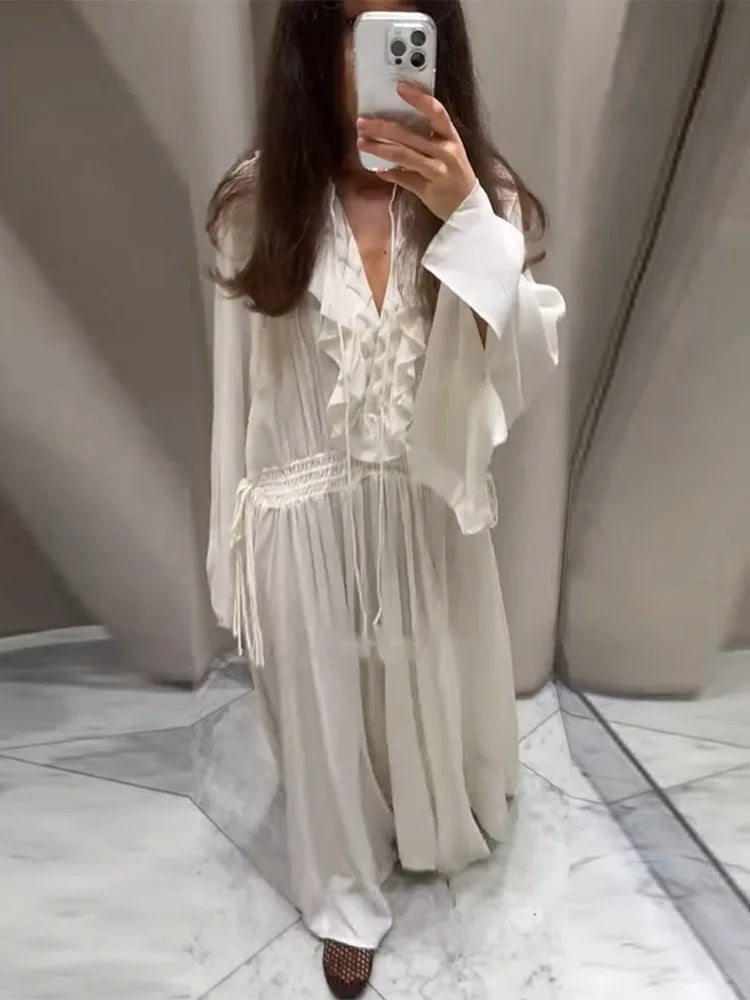 Elegant Solid Flounces Dresses Chic Loose V Neck Full Sleeve Female Long Robes New Lady Summer Commute Vacation Dress 2025