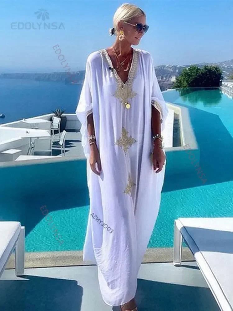 2024 Elegant Gold Embroidered Kaftan Retro V-neck White Dress Plus Size Women Clothes Summer Beach Wear Swim Suit Cover Up Q1373