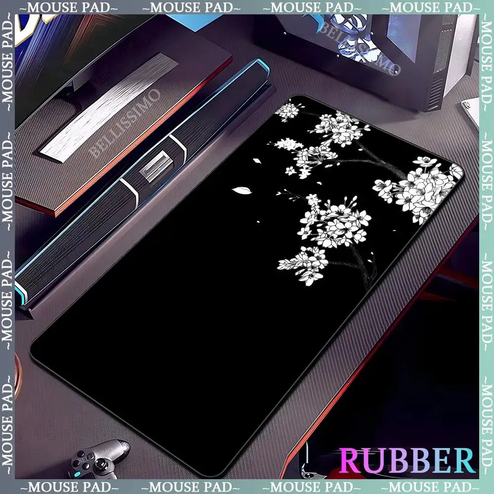 Black rubber mouse pad with white flower computer keyboard mouse pads office computer accessories pad game non-slip desk mat