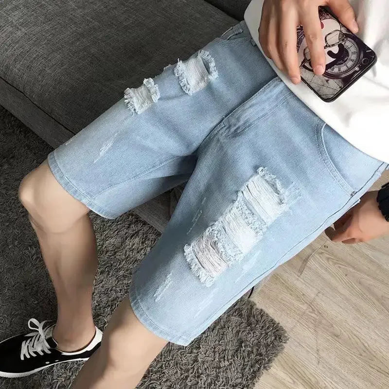 Man Denim Shorts with Text Straight Ripped Camouflage Short Jeans Pants for Men Original Thin Korean Fashion Cut Popular Summer