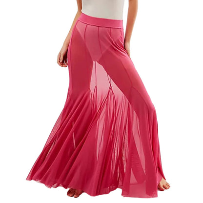 Fashion Women’s Mesh Sheer Long Skirts Elastic High Waist Ruffle Hem Flowy Skirts Casual A-line Midi Skirts