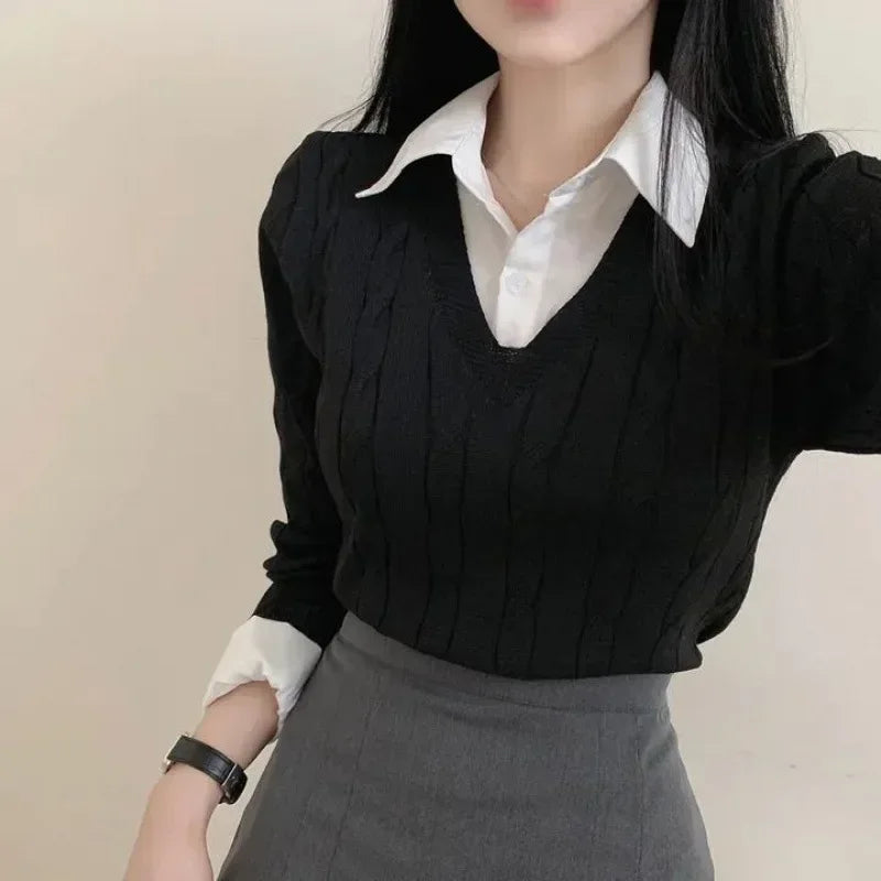 Korean Chic Spring and Autumn Age-Reducing Sweaters Retro Temperament Preppy Fake Two Pieces Shirts Twist Knit Women's Y2k Tops