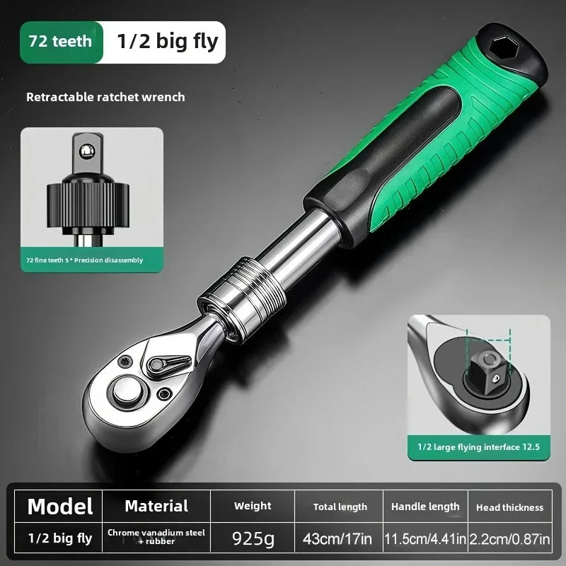 72-Tooth Ratchet Wrench Set, Chrome Vanadium Steel, Automatic Two-Way Mechanism, Stretchable, Ergonomic Grip, with Quick Socket