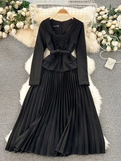 Autumn Winter Bow Dress Women Ruffles Long Sleeve Midi Vestidos Office Lady