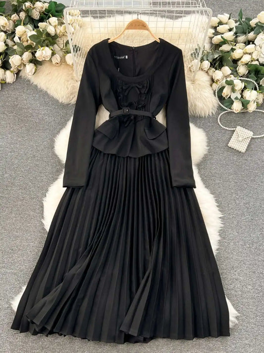 Autumn Winter Bow Dress Women Ruffles Long Sleeve Midi Vestidos Office Lady