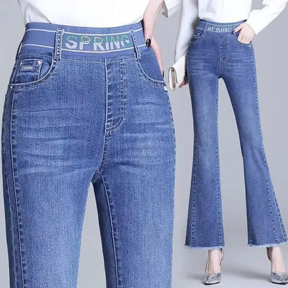 Elastic Waist Flare Nine Points Boot Cut Women Clothing Jeans Autumn High Waist Fashion All-match Elastic Comfortable Pants