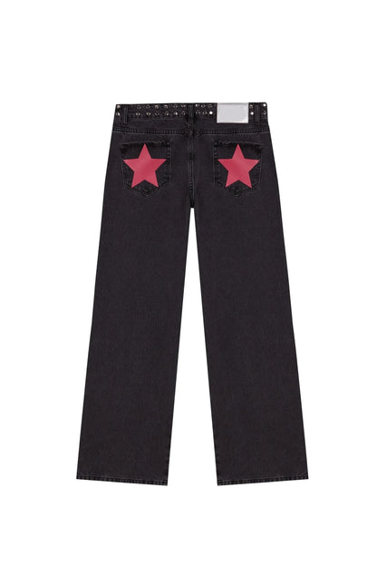 Y2K Vintage Jeans Women High Waisted Denim Pants Five Pointed Star Print Harajuku Street Baggy Casual Straight Leg Trousers