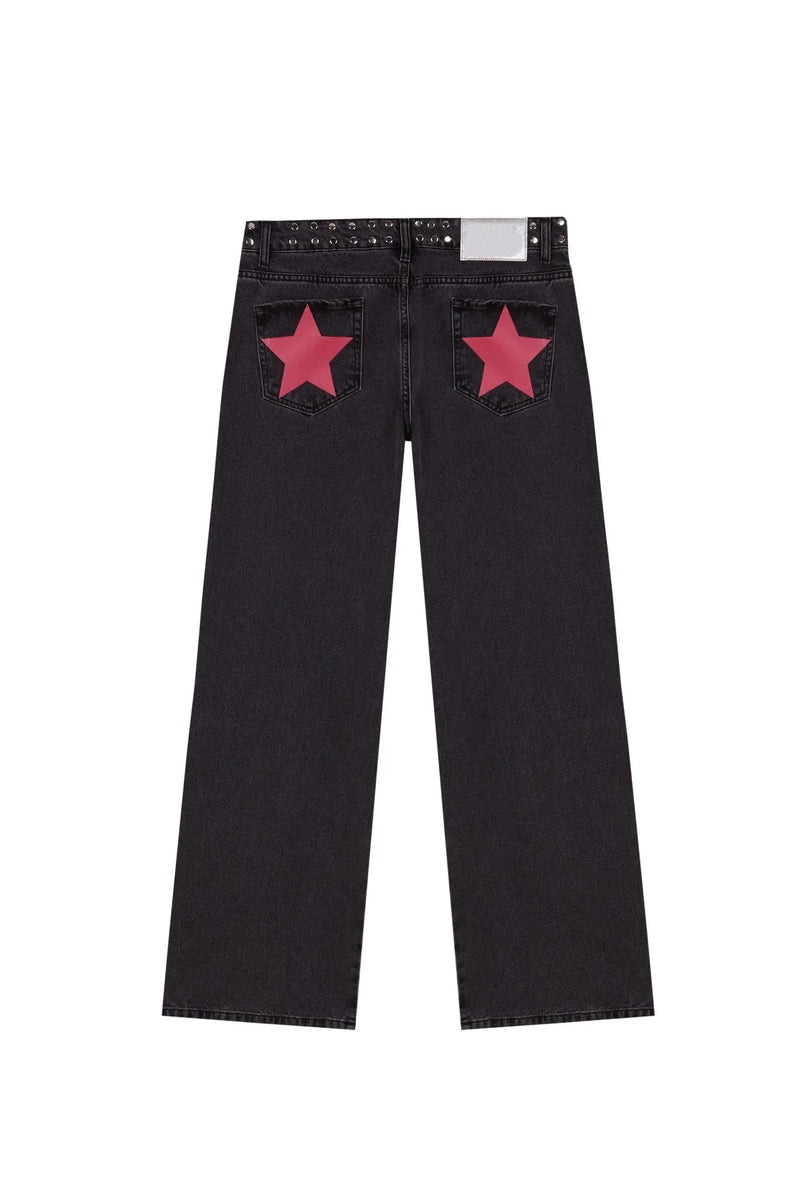 Y2K Vintage Jeans Women High Waisted Denim Pants Five Pointed Star Print Harajuku Street Baggy Casual Straight Leg Trousers