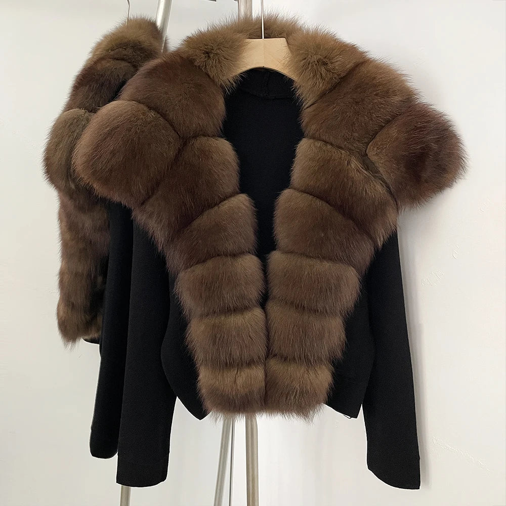 Elegant Knitted Cardigan Women's Sweater Knitting Jacket with Fur and cuffs Knitted Women's Long Sleeve Top Short Sweater