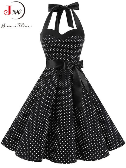 Women Summer Polka Dot Vintage Dress Fashion Party Office Lady 50s 60s Rockabilly Big Swing Halter Clothes Tunic Vestidos