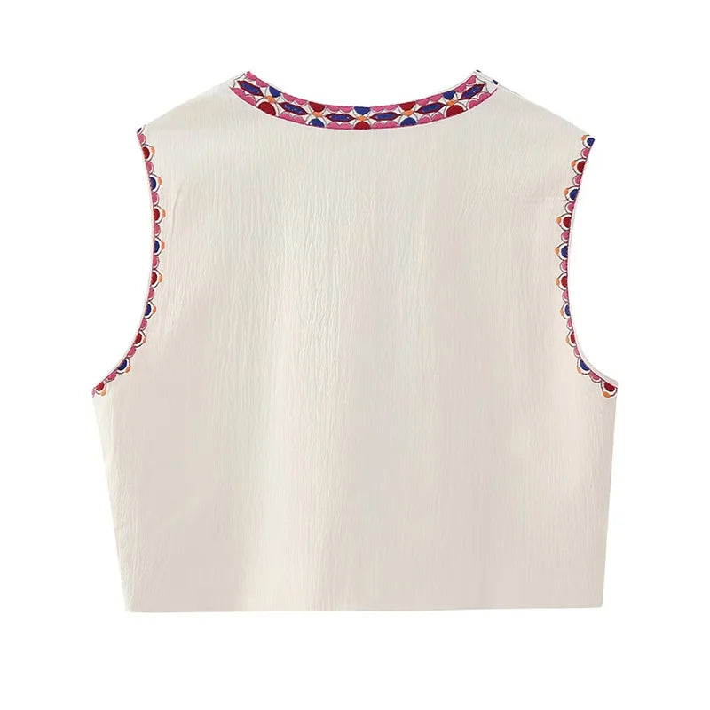 Women's Vintage Floral Embroidered Open Waist Coat Casual Vacation Crop Top National Style Vest Jacket for Ladies
