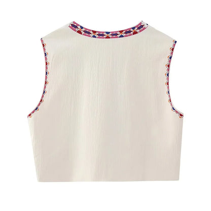 Women's Vintage Floral Embroidered Open Waist Coat Casual Vacation Crop Top National Style Vest Jacket for Ladies