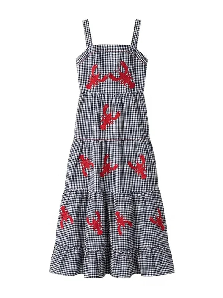HXAO Women Ruffle Embroidery Slip Dress Sleeveless Plaid Dress Pleated Backless Beach Dress Holiday Woman Summer Dress 2024