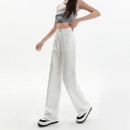 Summer Soft Lyocell Fabric Woman Jeans Loose Wide Leg Straight High Waisted Thin Pant Fashion Comfort White Casual Trousers