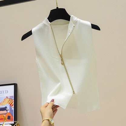 2026 Summer Spring zipper Knit Tank Top Cami Korean Camisole Elastic Vest O Neck Solid Color New Slim Breathable Tops White