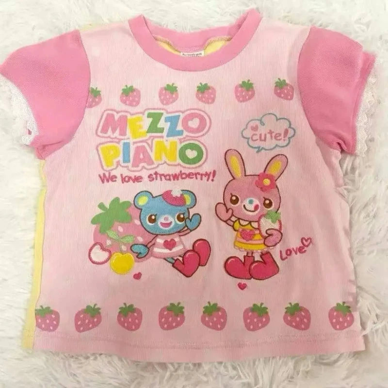 Lolita Print Tops Bow Cake Blouse Y2K JK Lolita Japan Kawaii Girl Cute Sweet Lace T-shirt A-line Spliced Cake Skirt New Chic