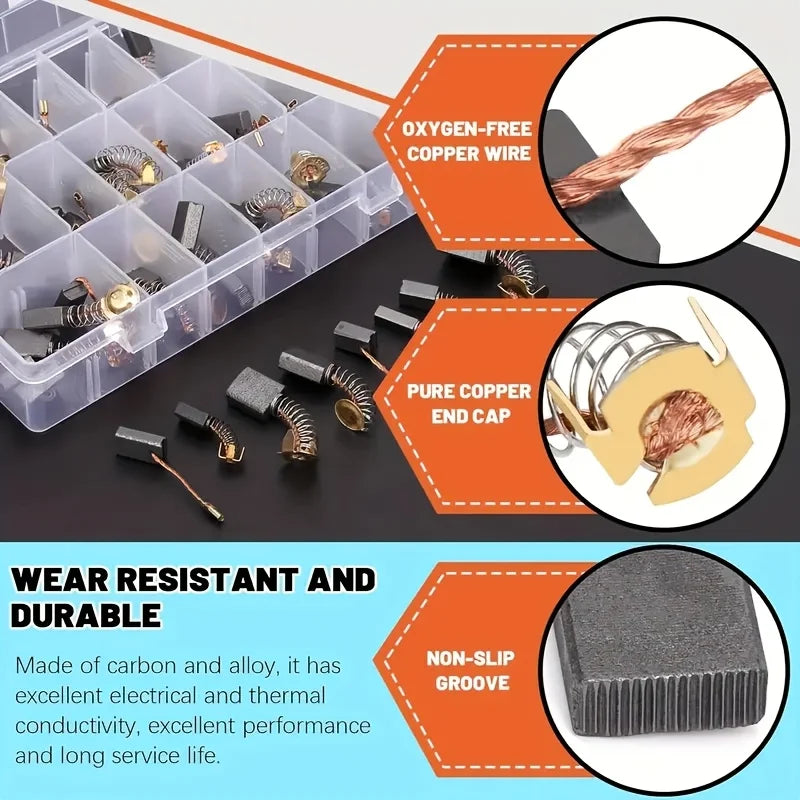 120-Piece Carbon Brush Combination Set, Carbon Brushes for Home Renovation Power Tools in 12 Sizes to Choose From, Suitable for Angle Grinders, Impact Drills, Electric Drills, Electric Hammers, and Circular Saws for Repair an