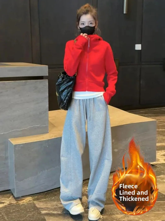 Korean Sle Winter New All-Match Hooded Zipper ort Sweatirt Jaet Thiened Fce Warm Casual Pants Set