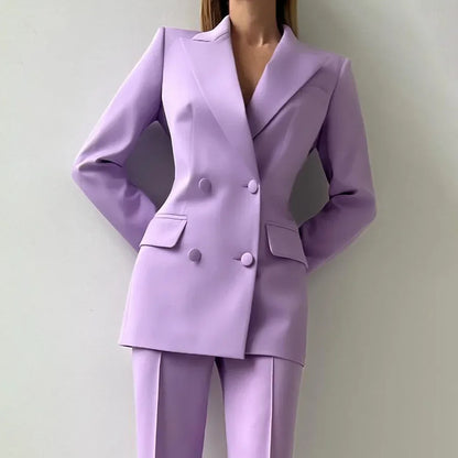 Women Suits Sets 2 Piece Elegant Peak Lapel Double Breasted Outfits Fashion Daily Casual Chic Female Suit (Jacket+Pants)